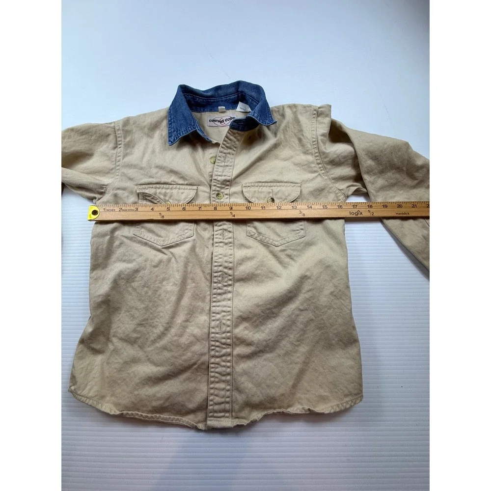Cowboy Code Boys Tan Cotton Canvas Western Shirt Denim Collar Size L 10-12